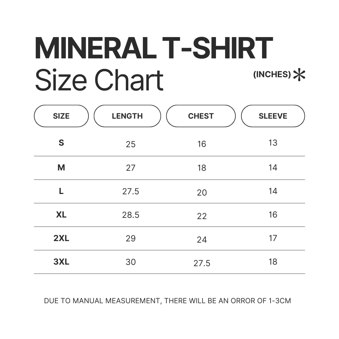 Mineral Wash T shirt Size Chart - Official Blue Lock Store